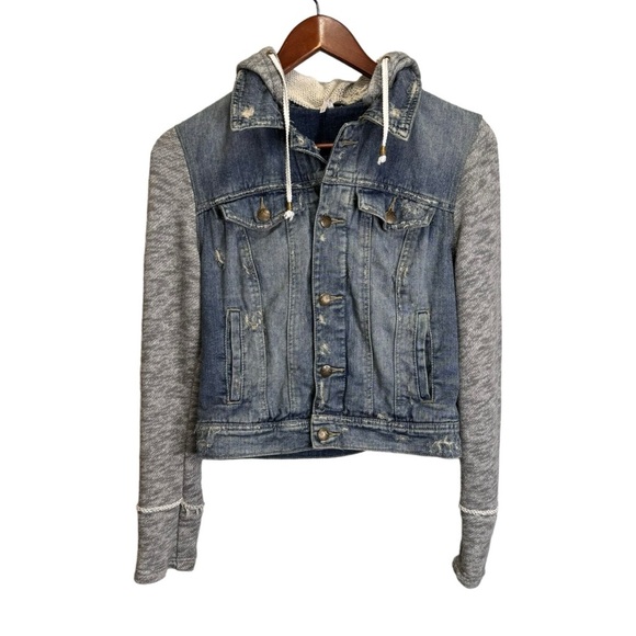 Free People Denim/Knit Hoodie Jacket Distressed Size Small - Picture 2 of 16